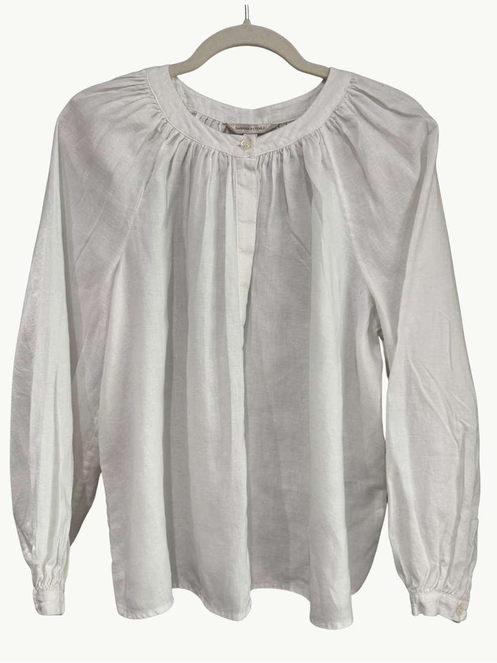 White 100% Linen Peasant Blouse Balloon Sleeve Petite Banana Republic - Picture 3 of 12